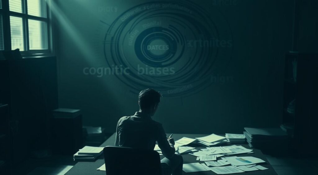 A dimly lit office, the air thick with contemplation. In the foreground, a human figure sits at a desk, brow furrowed, pen in hand, surrounded by scattered papers and charts. The background is a swirling, abstract representation of cognitive biases - heuristics, anchoring, framing, and other mental shortcuts that shape our perceptions and decision-making. Soft, moody lighting casts shadows across the scene, creating a pensive, introspective atmosphere. The composition draws the viewer's eye to the central figure, inviting them to consider the role of cognitive biases in shaping our understanding of the world.