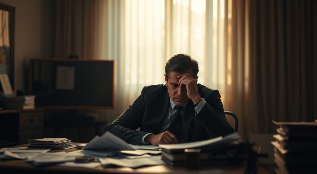 A dimly lit room, a businessman sitting at a desk, deep in thought. The background blurred, emphasizing the figure's contemplative state. Soft, warm lighting casts shadows across his face, creating a sense of introspection. On the desk, scattered papers represent the weight of past decisions, their impact now clear in hindsight. The man's expression is a mix of regret and determination, a realization of how the past shapes the future. The scene conveys the essence of the Hindsight Bias, where the present understanding alters the perception of past events.