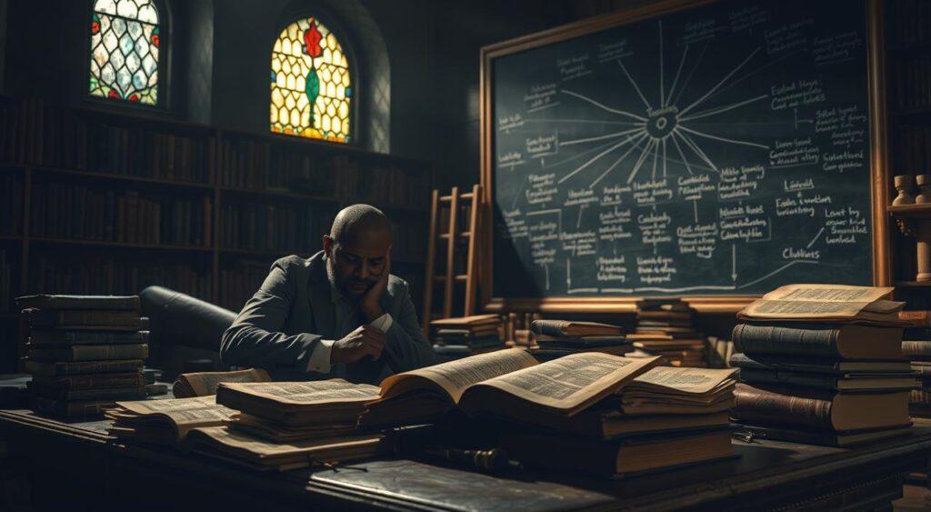 A dimly lit scholarly study, with piles of ancient tomes and scrolls strewn across a wooden desk. In the foreground, a shadowy figure pores over a weathered manuscript, brow furrowed in concentration. Faint light filters through a stained-glass window, casting a somber glow on the scene. The walls are lined with bookshelves, hinting at the accumulated wisdom and knowledge of bygone eras. In the background, a large chalkboard displays a web of interconnected logical fallacies, a testament to the historical pitfalls of human reasoning. The atmosphere is one of contemplation and the weight of intellectual tradition.