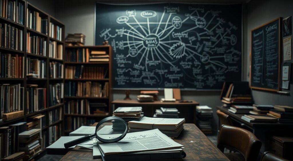 A dimly lit study room with shelves of books and a cluttered desk. On the desk, a magnifying glass hovers over a stack of notes, hinting at the process of analyzing information. In the background, a chalkboard displays a web of interconnected concepts, highlighting the complexity of memory bias. The lighting casts dramatic shadows, emphasizing the intricate nature of the subject. A sense of contemplation and deep thought permeates the scene, inviting the viewer to delve into the factors that shape our memories and biases.