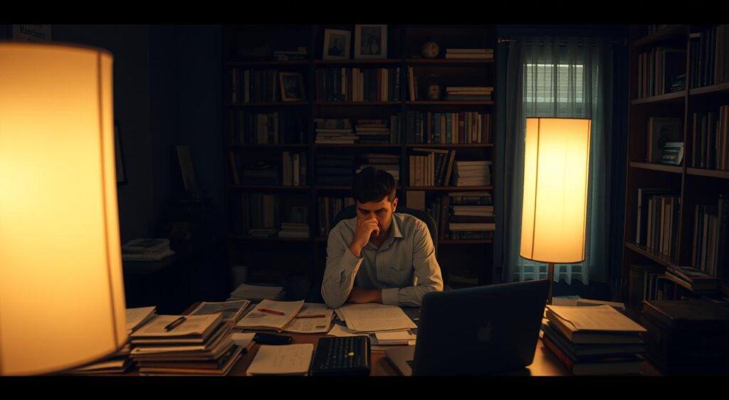 A dimly lit study, with a desk cluttered with papers, books, and a laptop. In the center, a person sits, brow furrowed, engaged in deep thought. A sense of concentration and cognitive effort permeates the scene. The lighting is warm and muted, creating a contemplative atmosphere. In the background, shelves filled with more books and trinkets suggest a scholarly environment. The perspective is slightly elevated, giving a bird's-eye view of the scene, allowing the viewer to observe the individual's thought process as they navigate the complexities of everyday reasoning.