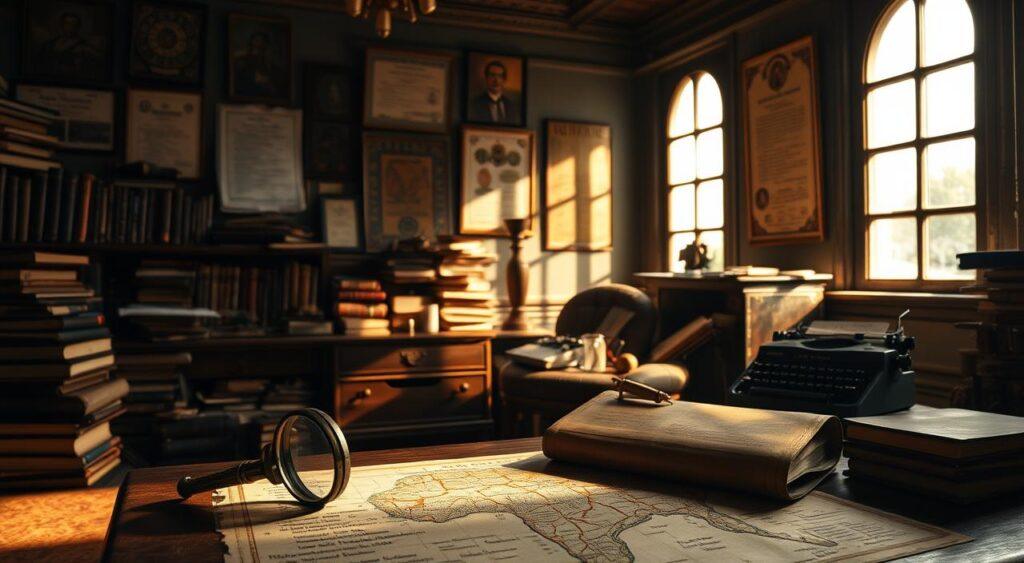 A dimly lit study with an old wooden desk, stacks of leather-bound books, and a vintage typewriter. Warm light filters through a large window, casting soft shadows on the floor. In the foreground, an old magnifying glass and a weathered map of the human brain lie on the desk, hinting at meticulous research. The walls are adorned with framed certificates and vintage academic posters, creating an atmosphere of scholarly tradition. The scene evokes a sense of timeless exploration, where the past and present converge in the pursuit of psychological understanding.