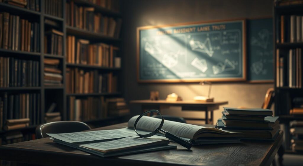 A dimly lit study, with shelves of well-worn books lining the walls. On the wooden desk, a magnifying glass hovers over a collection of documents, lab notebooks, and scientific journals. The lighting is soft and warm, casting a contemplative glow. In the background, a chalkboard displays equations and diagrams, a testament to the meticulous, evidence-based reasoning that takes place in this space. The overall atmosphere is one of intellectual rigor and a commitment to uncovering the truth through careful analysis and empirical observation.
