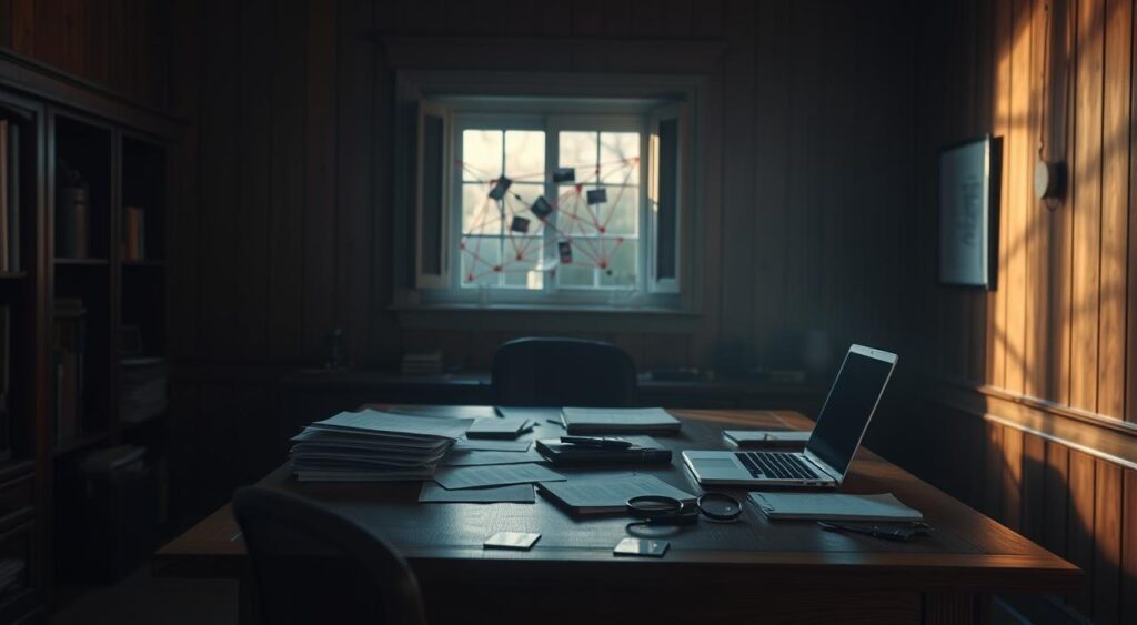 A dimly lit, wood-paneled office setting, with a large, sturdy oak desk in the foreground. On the desk, various documents, a laptop, and a magnifying glass are arranged, hinting at a careful investigation. In the middle ground, a corkboard hangs on the wall, filled with notes, photographs, and red strings, creating a web of connections. The background is softly blurred, suggesting a contemplative atmosphere, with a single window providing a subtle, warm glow. The lighting is directional, creating shadows and highlights that add depth and drama to the scene. The overall mood is one of thoughtful analysis and an in-depth case study.