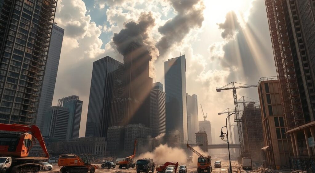 A dynamic cityscape in the midst of profound economic transformation. Towering skyscrapers crumble, billowing clouds of dust and debris obscure the sky. Amid the chaos, machinery and construction equipment stand poised, ready to rebuild and reshape the landscape. Rays of sunlight pierce through the gloom, casting dramatic shadows and highlighting the contrast between the old and the new. The scene conveys a sense of creative destruction, where the disruptive forces of innovation collide with the established order, leading to both turmoil and opportunity. The image captures the powerful, unsettling yet invigorating impact of economic change on the built environment. A dynamic cityscape in the midst of profound economic transformation. Towering skyscrapers crumble, billowing clouds of dust and debris obscure the sky. Amid the chaos, machinery and construction equipment stand poised, ready to rebuild and reshape the landscape. Rays of sunlight pierce through the gloom, casting dramatic shadows and highlighting the contrast between the old and the new. The scene conveys a sense of creative destruction, where the disruptive forces of innovation collide with the established order, leading to both turmoil and opportunity. The image captures the powerful, unsettling yet invigorating impact of economic change on the built environment.
