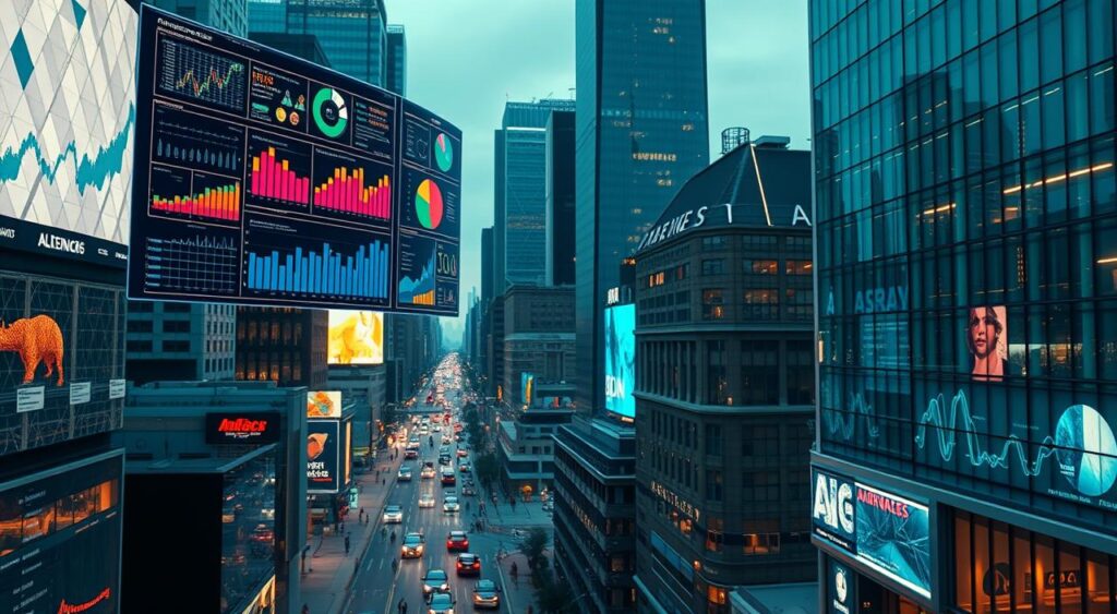 A dynamic cityscape with AI-powered data visualization dashboards floating above the busy streets. In the foreground, a mesh of colorful charts, graphs, and insights representing real-time programmatic marketing trends. The midground showcases digital billboards and advertisements dynamically updating based on audience data. In the background, skyscrapers with geometric facade patterns and glowing windows, evocative of the algorithmic complexity powering this hyper-personalized marketing ecosystem. Warm city lights, reflected in sleek glass surfaces, create an atmosphere of technological innovation and data-driven decision making. Rendered with cinematic lighting and a slightly futuristic aesthetic.
