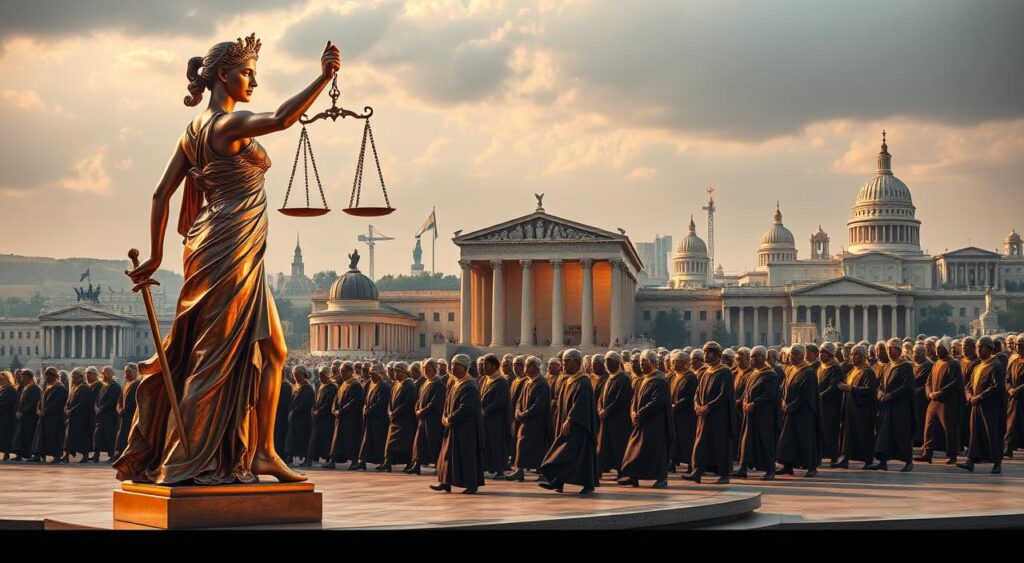A grand, sweeping tableau of the historical evolution of legal thought. In the foreground, a majestic statue of Lady Justice, her scales and sword representing the impartial administration of the law, illuminated by warm, golden light. In the middle ground, a procession of figures in robes and wigs, representing the progression of legal systems and philosophies throughout the ages, from ancient civilizations to modern courtrooms. In the distant background, a montage of iconic landmarks and architecture, from the Parthenon to the United Nations headquarters, symbolizing the global development of jurisprudence. The scene is captured with a cinematic, wide-angle lens, evoking a sense of awe and reverence for the grand, weighty legacy of the law.