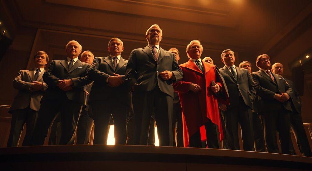 A group of authority figures, including politicians, judges, and corporate executives, stand together on a raised platform, exuding an aura of power and influence. The scene is captured in a dramatic low-angle perspective, emphasizing the towering presence of the figures. Warm, directional lighting casts dramatic shadows, creating a sense of gravitas and intensity. The background is purposefully blurred, keeping the focus on the imposing authority figures and their commanding stances. The overall atmosphere conveys the idea that these individuals hold sway over the opinions and decisions of others, shaping the narrative through their positions of power.