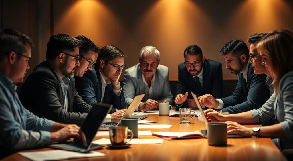 A group of business executives engaged in a lively discussion around a conference table, illuminated by warm, directional lighting that casts subtle shadows. The table is adorned with laptops, documents, and coffee mugs, creating a sense of active deliberation. The executives lean forward, their faces intense with focus, as they weigh options and consider the implications of their decisions. The background is blurred, emphasizing the importance of the decision-making process. The overall atmosphere conveys a thoughtful, high-stakes moment in the life of the organization.