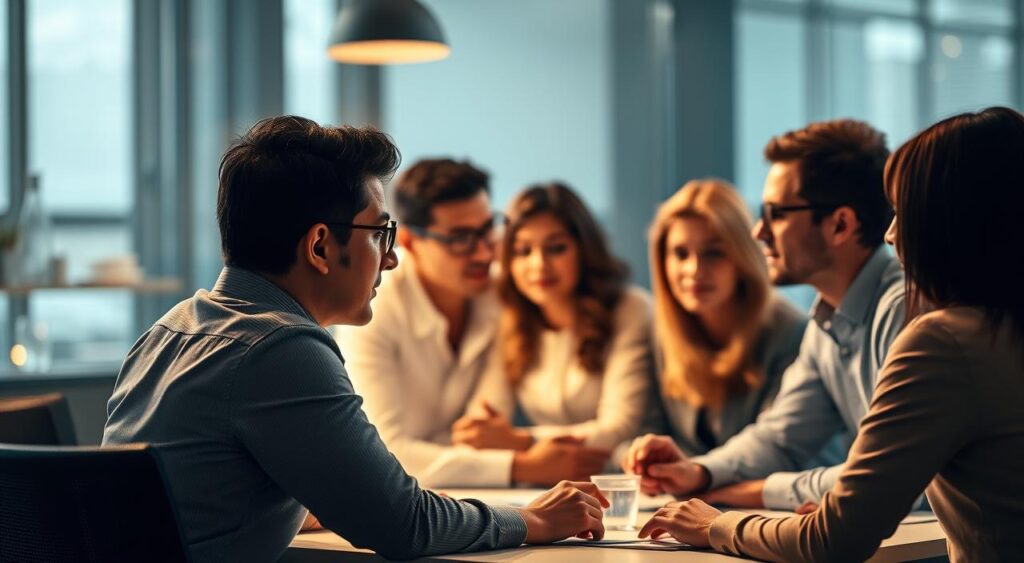 A group of business professionals sitting around a conference table, engaged in a lively discussion. The scene is bathed in warm, soft lighting, creating an atmosphere of thoughtful contemplation. In the foreground, three individuals lean forward, their expressions intent as they exchange ideas. Behind them, another two people nod in agreement, their body language conveying a sense of collective decision-making. The background is blurred, subtly drawing the viewer's focus to the central group. The overall composition suggests a moment of collaborative problem-solving, where diverse perspectives are being considered and synthesized.