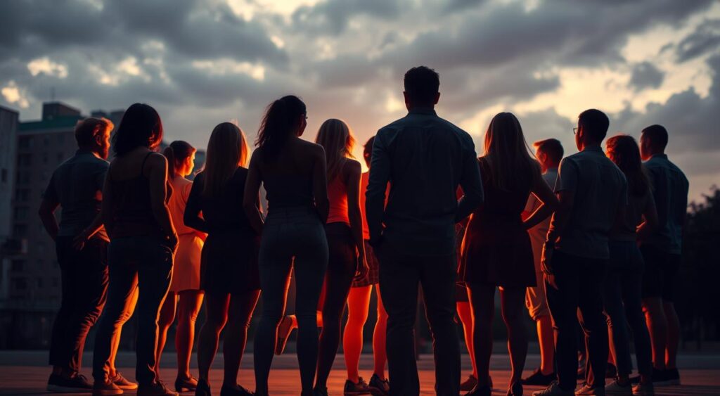 A group of diverse individuals stand together, their bodies positioned in a semi-circle, facing outward. The background is a dimly lit urban setting, with the silhouettes of buildings and a cloudy sky visible. Warm, directional lighting illuminates the figures, casting shadows that suggest a sense of unity and collective action. The figures' postures convey a sense of determination, as if they are overcoming their individual hesitation to take a stand. The overall atmosphere is one of solidarity and the will to make a difference, reflecting the theme of overcoming group inaction strategies.