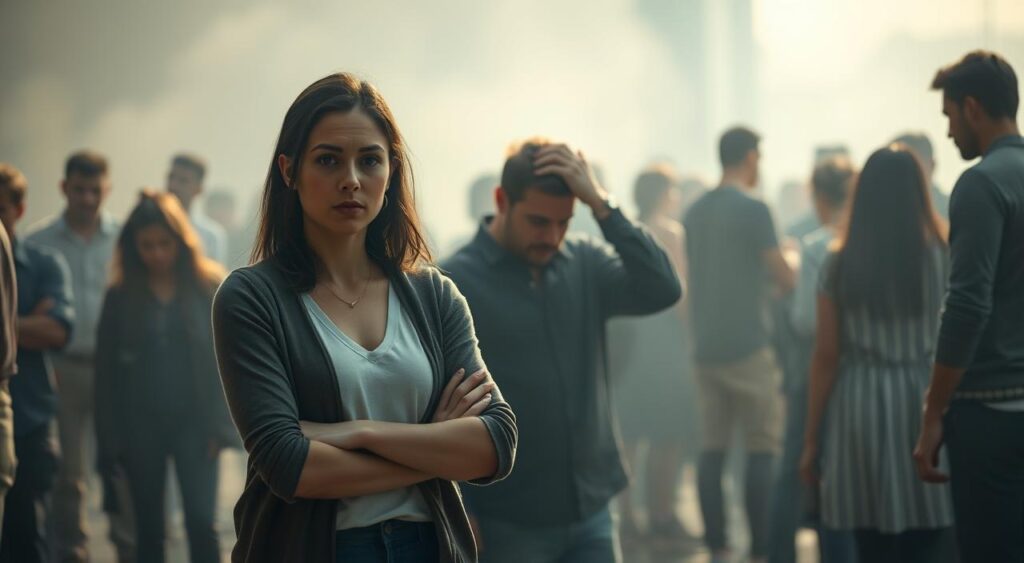 A group of people standing hesitantly, their body language conveying uncertainty and reluctance. The scene is bathed in a soft, hazy light, creating an atmosphere of introspection and indecision. In the foreground, a woman stands with her arms crossed, her expression conflicted, as if weighing the pros and cons of a decision. In the middle ground, a man scratches his head, his brow furrowed in deep thought. In the background, a group of individuals gather, their postures and gestures suggesting a shared sense of hesitation and unease. The overall composition evokes a palpable sense of the bystander effect, where individuals struggle to take action in the face of a perceived social dilemma.