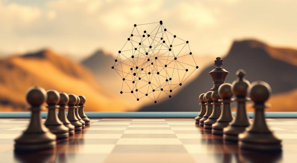 A high-resolution, digital illustration showcasing the contrast between classical economic models and bounded rationality models. In the foreground, an orderly grid of chess pieces represents the rigid, mathematical assumptions of classical economics. In the middle ground, a tangled web of interconnected nodes symbolizes the complex, context-dependent decision-making of bounded rationality. The background features a blurred, abstract landscape, suggesting the ambiguity and uncertainty inherent in real-world human behavior. The scene is bathed in warm, natural lighting, creating a thoughtful, contemplative atmosphere. The overall composition conveys the tension and complementarity between these two influential paradigms in economic and behavioral theory.