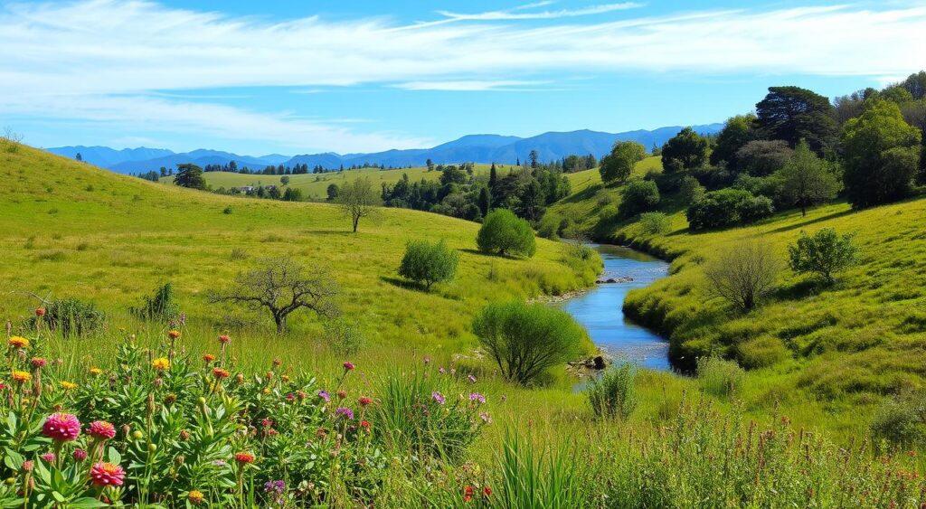 A lush, verdant meadow where thriving ecosystems coexist in harmonious balance. In the foreground, a diverse array of native flora, their vibrant hues forming a tapestry of life. Winding through the middle ground, a gently flowing stream reflects the azure sky above, its banks lined with trees and shrubs providing shelter and sustenance. In the background, rolling hills and distant mountains create a sense of tranquility and interconnectedness. The scene is illuminated by soft, diffused lighting, casting a warm, natural glow and emphasizing the delicate equilibrium between economic activities and ecological preservation.