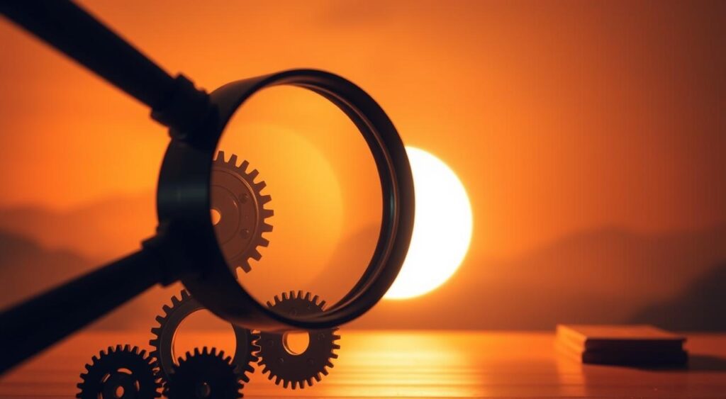 A metaphorical representation of explicit vs tacit knowledge, illuminated by a warm, amber-hued light. In the foreground, a magnifying glass hovering over a set of intricate gears, representing the tangible, codified aspects of knowledge. In the middle ground, a glowing orb of soft, diffuse light, symbolizing the intangible, intuitive nature of tacit understanding. The background features a hazy, dreamlike landscape, suggesting the subconscious realm where tacit knowledge resides. Subtle shadows and highlights accentuate the contrast between the explicit and the implicit, creating a contemplative, almost mystical atmosphere.