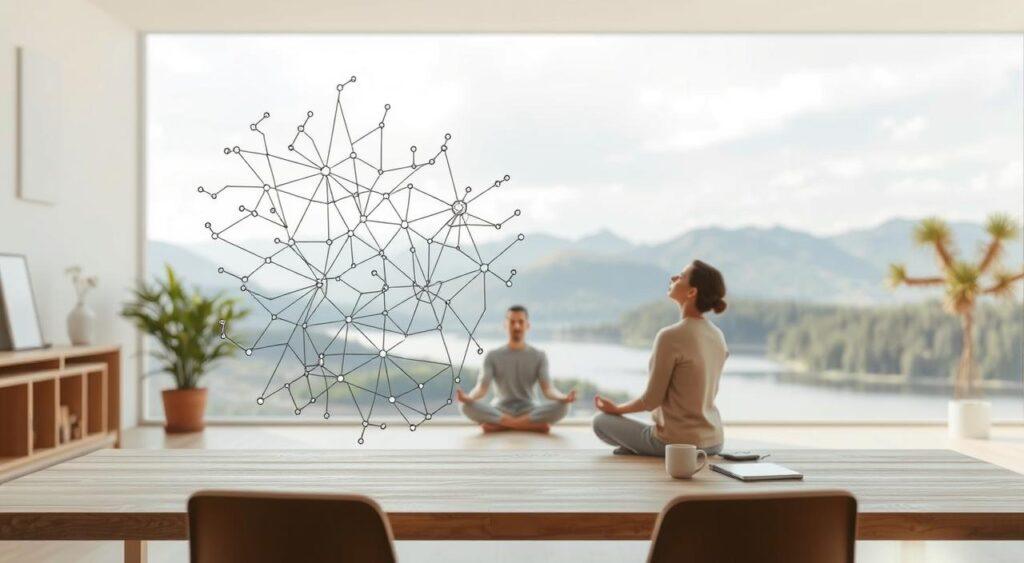 A minimalist workspace with clean lines and natural materials, illuminated by soft, diffused lighting from above. In the foreground, a cognitive map or thought diagram made of interconnected nodes and lines, representing the intricate web of mental processes and habits. The middle ground features a person sitting in a meditative pose, eyes closed, deeply engaged in self-reflection. The background is a serene, zen-like landscape, with mountains, forests, and a tranquil body of water, conveying a sense of balance and harmony. The overall mood is one of introspection, focus, and the exploration of the inner workings of the mind.