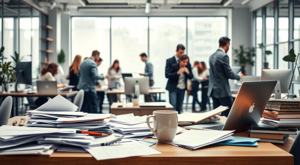 A modern office setting, filled with workers diligently completing tasks. In the foreground, a desk cluttered with papers, a laptop, and a cup of coffee, symbolizing Parkinson's Law in action - work expanding to fill the available time. In the middle ground, colleagues collaborating, rushing to meet deadlines, their expressions focused and intent. The background showcases a sleek, minimalist workspace, with natural lighting streaming through large windows, hinting at the potential for increased efficiency and savings through the application of Parkinson's Law. The overall atmosphere is one of hustle and productivity, yet balanced with a sense of calm control.