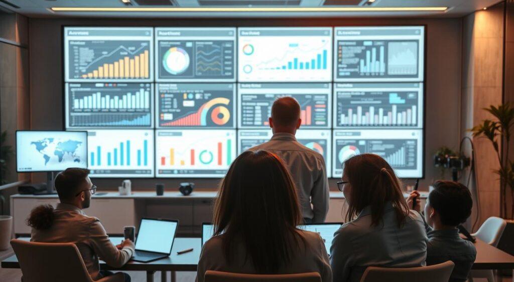 A modern office setting with a large data visualization dashboard displayed on multiple high-resolution monitors. The dashboard presents a variety of charts, graphs, and statistical analyses, reflecting a data-driven decision-making process. In the foreground, a team of business analysts and data scientists intently studying the information, engaged in animated discussion and collaboration. Diffused, directional lighting casts a warm, focused glow on the scene, emphasizing the thoughtful, analytical atmosphere. The background features sleek, minimalist furniture and decor, creating a clean, professional environment conducive to data-driven decision making.