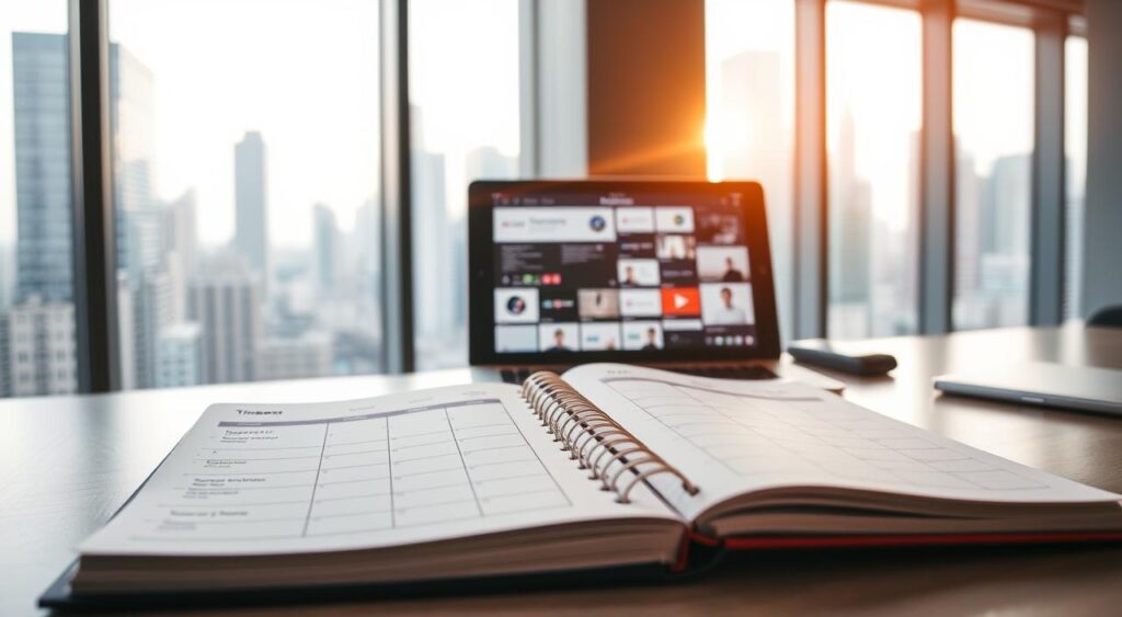A modern office workspace with a sleek, minimalist design. In the foreground, a planner or notebook open, showcasing a grid-based schedule and a set of to-do tasks, representing the concept of timeboxing. In the middle ground, a laptop or tablet displays a set of digital tools and applications, symbolizing the integration of technology as a forcing function. The background features a large window with a view of a bustling city skyline, bathed in warm, natural lighting, creating a sense of productivity and focus. The overall atmosphere conveys a balance between structure, technology, and the energy of a thriving urban environment.