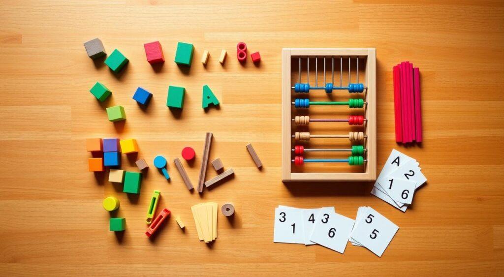 A neatly arranged set of elementary math manipulatives, including colored blocks, counting sticks, abacus, and number cards, resting on a warm-toned wooden surface. The lighting is soft and diffused, casting gentle shadows that accentuate the textures and shapes of the tools. The composition is balanced and symmetrical, creating a sense of order and structure, reflecting the foundational nature of these decision-making aids. The overall mood is one of thoughtfulness and focus, inviting the viewer to engage with the tools and explore the patterns and relationships inherent in mathematical reasoning.