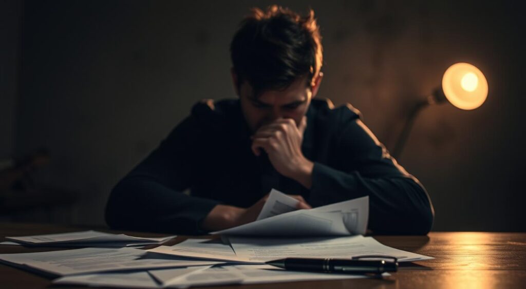 A pensive figure sits in a dimly lit room, deep in thought. Their face is partly obscured, emotions flickering like shadows. In the foreground, scattered papers and a pen suggest a decision-making process. The background is hazy, with muted colors and a sense of uncertainty. Soft, directional lighting casts a warm, introspective glow, highlighting the internal struggle. The composition is balanced, with the subject's pose conveying a sense of weight and gravity. The overall atmosphere is one of contemplation, where the rational and the emotional intertwine in the pursuit of a resolution.