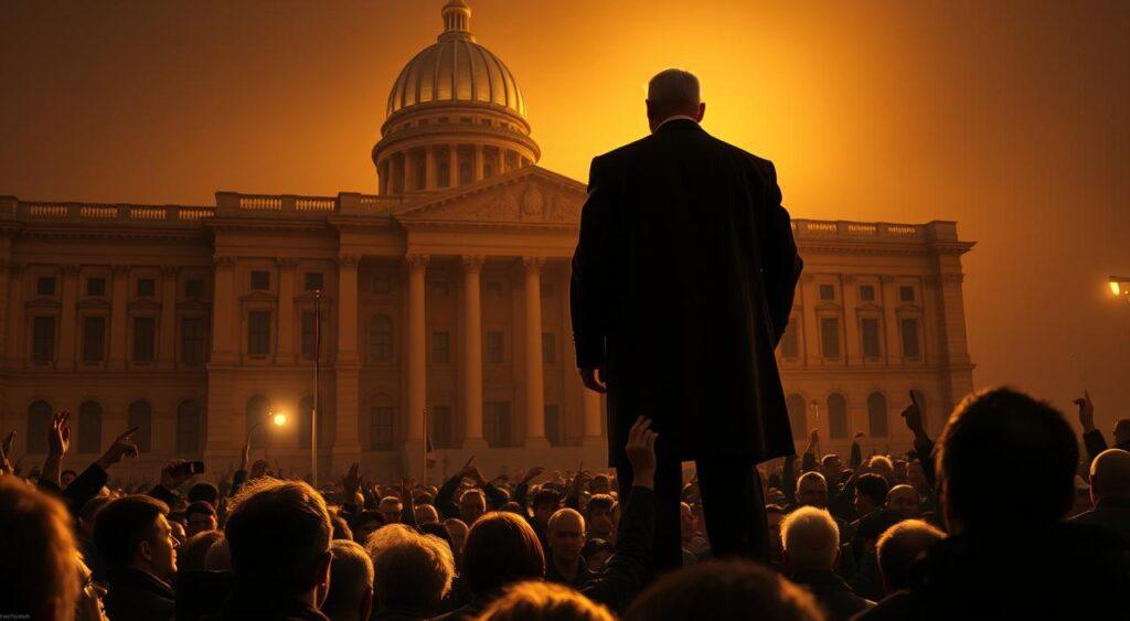 A political leader standing tall and commanding, their imposing figure casting a long shadow over a crowd of citizens. The scene is lit by a warm, golden light, evoking a sense of authority and gravitas. In the background, an ornate government building looms, its grand architecture symbolizing the power and influence of the state. The crowd, rendered in muted tones, gazes up at the leader with a mix of reverence and subtle unease, hinting at the complex dynamics of authority and obedience.