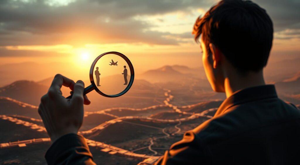 A richly-detailed 3D illustration depicting strategies to overcome first conclusion bias. In the foreground, a person holds a magnifying glass, carefully examining various viewpoints and data points. The middle ground features a network of interconnected pathways, representing the process of re-evaluating initial assumptions. In the background, a serene, contemplative landscape with muted hues sets the tone for an introspective, analytical mindset. Warm, directional lighting from the left side casts dramatic shadows, emphasizing the depth and complexity of the scene. The overall composition conveys a sense of diligence, open-mindedness, and the pursuit of deeper understanding.