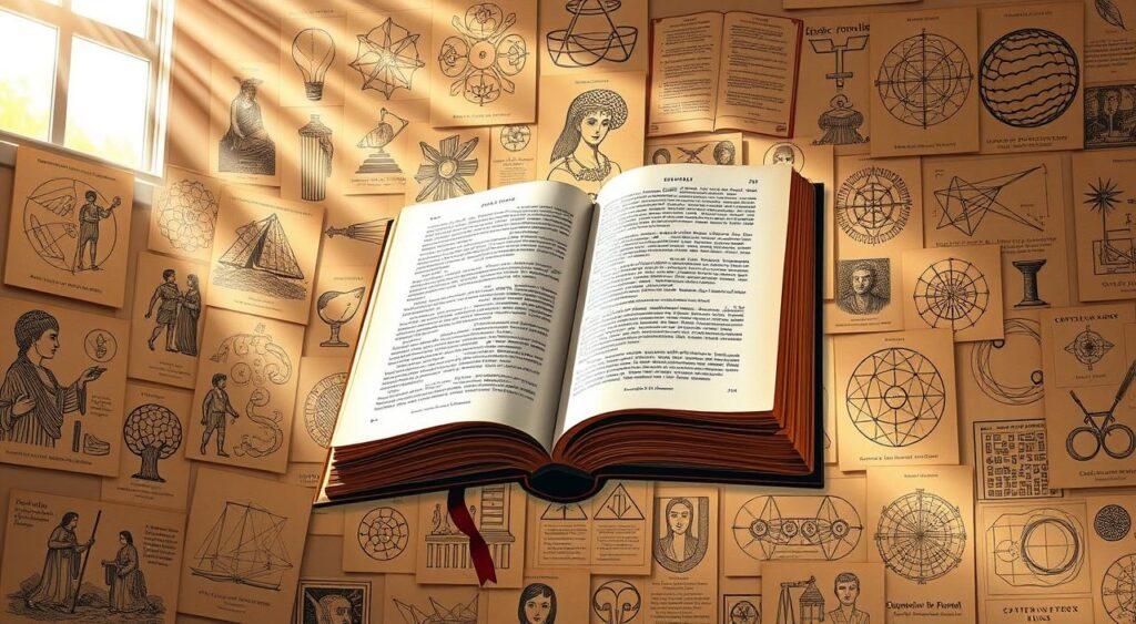 A scholarly tome floats amidst a collage of historical mental models, each represented by iconic symbols and diagrams. The tome's pages turn, unveiling the evolution of these conceptual frameworks - from ancient philosophers' musings to modern cognitive science breakthroughs. Elegant, sepia-toned illustrations surround the central tome, conveying a sense of timeless wisdom and intellectual progression. Rays of warm, natural light filter through a window, casting a contemplative glow over the scene. The overall atmosphere is one of scholarly reflection, inviting the viewer to ponder the rich tapestry of humanity's quest to understand the mind.