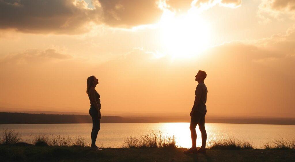 A serene landscape with a dramatic sky, backlit by a warm, golden sun. In the foreground, a pair of human figures standing side by side, their postures and facial expressions conveying a spectrum of emotional intensity - from elation to despair. The middle ground features a tranquil lake, its surface reflecting the shifting moods above. The background is a hazy, indistinct horizon, suggesting the boundless scope of the human experience. The lighting is soft and atmospheric, creating a sense of contemplation and introspection. The overall composition evokes the nuanced interplay between subjective emotional states and objective reality.