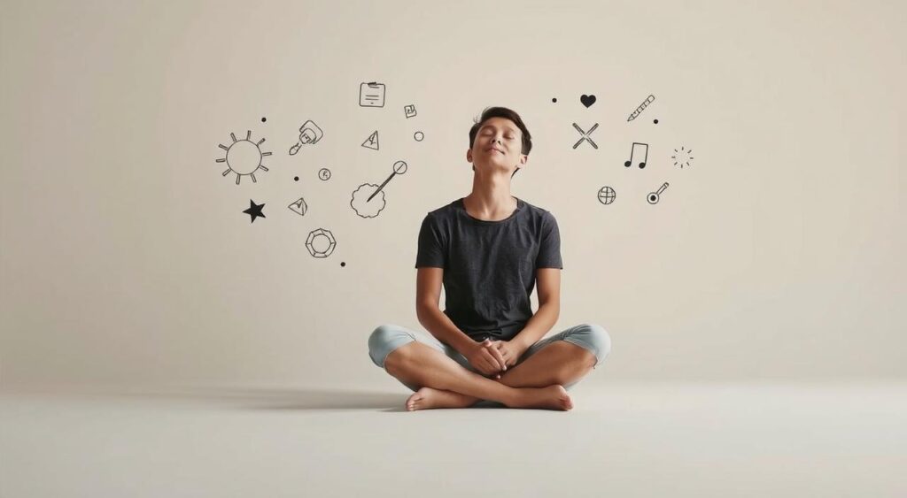 A serene, minimalist scene depicting the concept of "adaptive strategies psychology". In the foreground, a person sitting cross-legged, eyes closed, deep in contemplation. The lighting is soft and diffused, creating a sense of tranquility. In the middle ground, abstract shapes and forms representing psychological concepts swirl and dance, subtly hinting at the individual's inner workings. The background is a muted, neutral palette, allowing the central figure and the psychological elements to take center stage. The overall composition conveys a sense of balance, introspection, and the adaptive nature of the human mind.