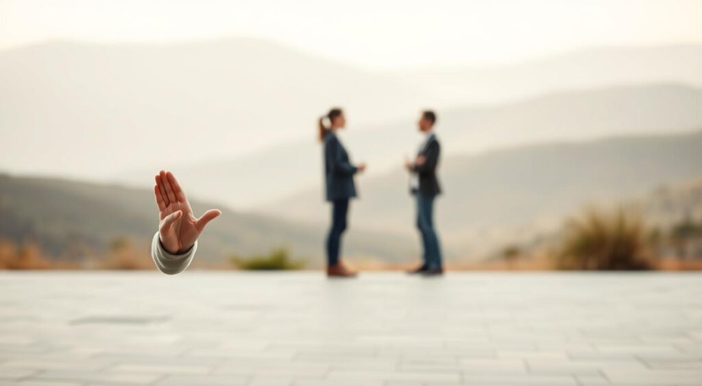 A serene, minimalist scene depicting the impact of politeness. In the foreground, a gracefully posed figure extends a welcoming hand, their expression radiating warmth and kindness. The middle ground features a pair of individuals engaged in a thoughtful exchange, their body language reflecting an open and attentive demeanor. In the softly blurred background, a tranquil landscape with muted hues and gentle lighting sets the tone. The overall composition conveys a sense of harmony, where the power of polite gestures shapes the perceptions and interactions between people.