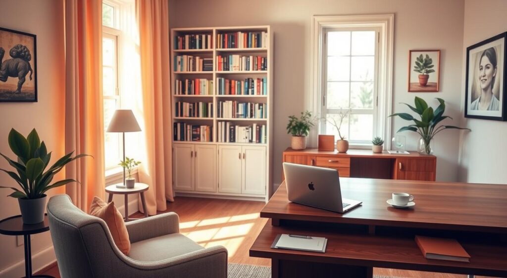 A serene, well-lit therapy office with warm, natural lighting filtering through large windows. In the foreground, a cozy armchair and a side table with a potted plant. In the middle ground, a wooden desk with a laptop, notepad, and a cup of tea. In the background, bookcases filled with psychology books and soothing artwork on the walls. The overall atmosphere is calming, reflective, and conducive to mental health exploration and personal growth.