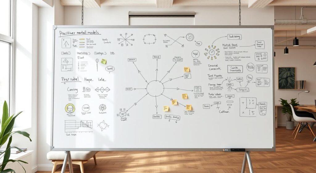 A spacious whiteboard in a modern, well-lit office, showcasing a diverse collection of hand-drawn diagrams, charts, and sketches representing various practitioner mental models. The foreground features a central diagram with interconnected nodes and arrows, illustrating the key elements and relationships of a specific mental model. In the middle ground, smaller idea bubbles and sticky notes surround the main diagram, capturing additional insights and refinements. The background depicts a minimalist, open-concept workspace with comfortable seating, natural lighting, and a sense of collaborative ideation. The overall scene conveys a thoughtful, iterative process of building and communicating complex mental models within a professional setting.