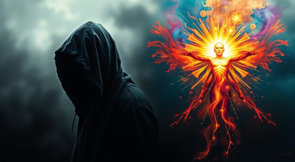 A stark contrast between two psychological perspectives. In the foreground, a figure shrouded in a cloak of melancholy, their eyes downcast, conveying the somber nature of depressive realism. Opposite, a vibrant, optimistic figure radiates a sense of positivity and self-assurance, symbolic of the positive illusions model. The background shifts between a gloomy, monochromatic landscape and a vibrant, dreamlike realm, reflecting the dichotomy of these two approaches to understanding the human psyche. Dramatic lighting casts sharp shadows, heightening the sense of contrast and inner conflict. Rendered in a painterly, cinematic style that evokes the gravity of the subject matter.