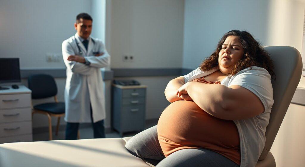 A sterile, clinical setting with a doctor's office in the background. In the foreground, a patient with a larger body type sits uncomfortably on an examination table, their face displaying a mix of apprehension and vulnerability. The doctor, in a white coat, stands with arms crossed, their expression harsh and dismissive. The lighting is harsh, casting long shadows that emphasize the power imbalance. The room is sparse, with only essential medical equipment visible, creating a sense of impersonality. The overall atmosphere conveys a lack of empathy and understanding towards the patient's needs, highlighting the pervasive issue of weight bias in healthcare.