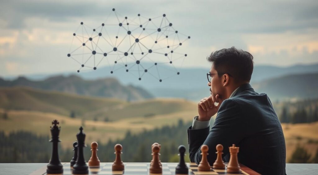 A strategic mind navigates the complexities of decision-making, avoiding the pitfalls of the hot hand fallacy. In the foreground, a person ponders a chessboard, contemplating their next move with focused intensity. The middle ground depicts a network of interconnected nodes, symbolizing the intricate thought processes involved in recognizing patterns and making sound judgments. In the background, a serene landscape provides a calming backdrop, suggesting the importance of maintaining perspective and emotional control when faced with tempting but fallacious assumptions. Soft, diffused lighting illuminates the scene, creating a sense of clarity and intellectual rigor. The overall composition conveys the essence of strategic thinking, guiding the viewer towards more rational, evidence-based decision-making.