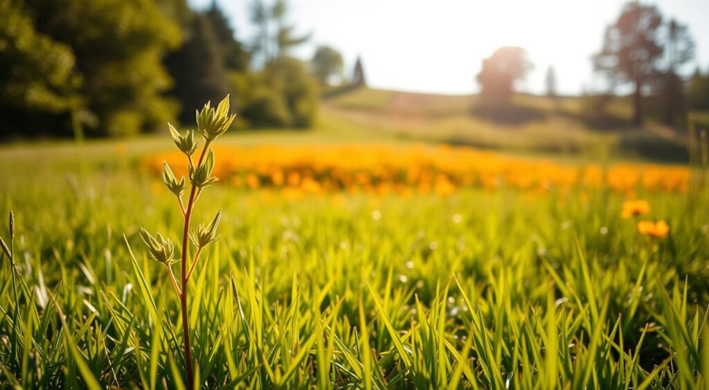 A sunlit meadow with vibrant green grass and lush foliage. In the foreground, a young sapling sprouts vigorously, its leaves unfurling with a sense of energy and potential. In the middle ground, an array of blooming flowers in warm hues, representing the flourishing of personal growth. In the background, a rolling hill crowned with a cluster of tall, mature trees, symbolizing the long-term rewards of a growth mindset. The scene is bathed in a soft, golden light, creating an atmosphere of optimism and possibility. The camera angle is slightly elevated, allowing the viewer to take in the full expanse of this thriving natural landscape, a metaphor for the transformative power of self-improvement strategies.