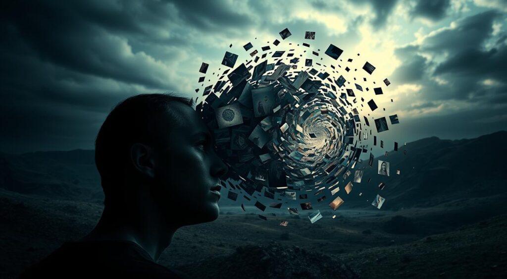 A surreal and dreamlike scene depicting the phenomenon of memory reconstruction bias. In the foreground, a person's head appears to be splitting open, revealing a tangled web of fragmented memories and distorted recollections. The middle ground features a swirling vortex of shattered images, recalling past events in a kaleidoscopic blur. In the background, a dark and enigmatic landscape sets the mood, hinting at the subconscious forces that shape and reshape our memories over time. Dramatic lighting casts dramatic shadows, emphasizing the sense of unease and uncertainty surrounding the process of memory reconstruction. The overall atmosphere evokes the idea of the mind's ability to unconsciously alter and distort our recollections of the past.