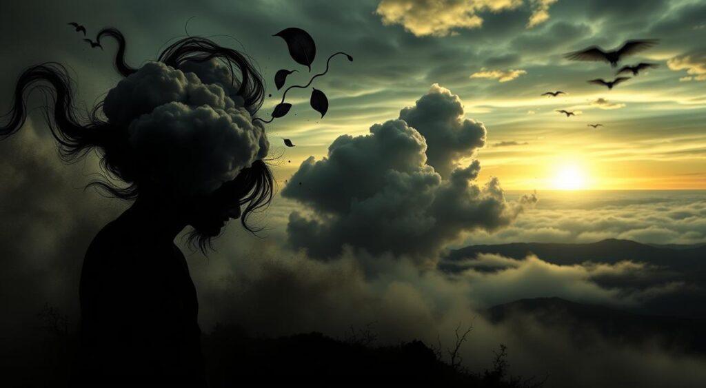 A surreal, emotive scene depicting the powerful influence of emotions on reasoning. In the foreground, a figure grappling with abstract, swirling shapes representing conflicting emotions. The middle ground features a clouded, unsettled landscape, hinting at the unseen mental turmoil. In the background, a distant horizon glows with an ethereal, melancholic light, suggesting the lasting impact of emotional reasoning. Dramatic shadows and muted colors craft an atmosphere of introspection and contemplation. The composition conveys the complex interplay between emotion and logic, inviting the viewer to ponder the nuances of this mental model.