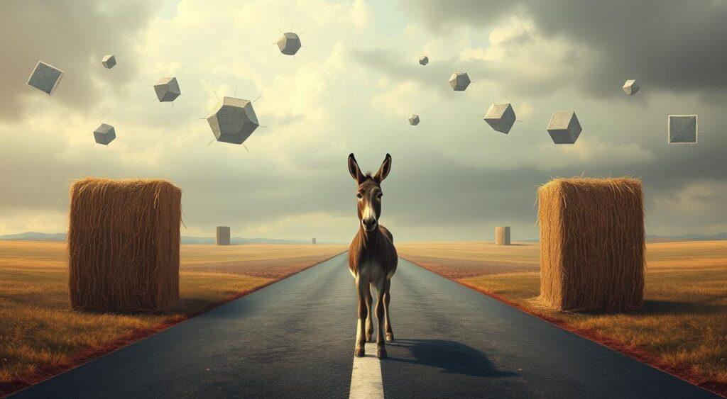 A surreal illustration depicting the decision paradox, inspired by the Buridan's ass thought experiment. In the foreground, a perplexed donkey stands at a crossroad, unable to choose between two identical bales of hay. The donkey's pose conveys indecision and cognitive paralysis. The middle ground features a dreamlike, ethereal landscape with floating geometric shapes and abstract patterns, creating a sense of metaphysical confusion. In the background, a cloudy, muted sky with subtle lighting casts a contemplative mood, hinting at the philosophical nature of the dilemma. The overall composition and color palette evoke a sense of intellectual curiosity and the struggle to resolve seemingly irreconcilable choices.