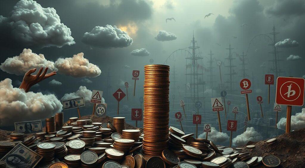 A surreal, surreal landscape filled with irrational investment signs. In the foreground, a towering stack of coins teeters precariously, reflecting the instability of blind speculation. Surrounding it, billowing clouds of dollar bills and disembodied hands clutching stock charts allude to the frenzy of unsustainable trading. In the middle ground, a labyrinth of interconnected financial instruments, from complex derivatives to volatile cryptocurrency symbols, creates a dizzying sense of chaos. The background fades into a hazy, dreamlike abyss, hinting at the ultimately illusory nature of pursuing wealth without rational planning. Dramatic, low-angle lighting casts dramatic shadows, heightening the sense of unease and impending collapse. An ominous, melancholic atmosphere pervades the scene, a cautionary tale about the perils of irrational investment.