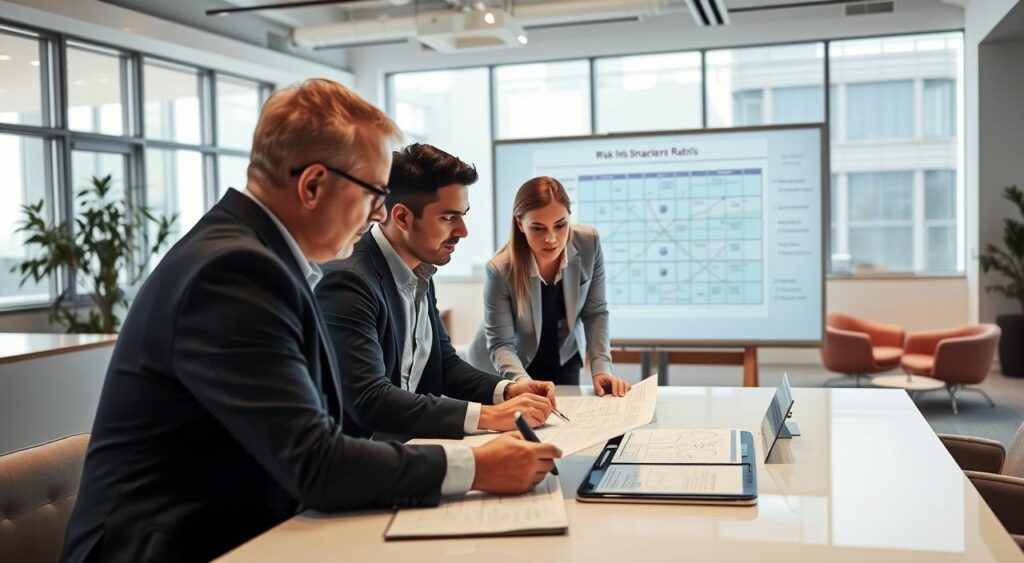 A team of professionals gathered around a table, meticulously examining risk management strategies. Soft, diffused lighting illuminates their focused expressions as they pore over data-filled reports and charts. In the foreground, a senior manager gestures emphatically, guiding the discussion, while the team members lean in, engaged and attentive. The middle ground is dominated by a large, interactive whiteboard displaying a complex risk matrix, its details visible but unobtrusive. The background showcases a modern, minimalist office space, with sleek furniture and floor-to-ceiling windows providing a sense of collaboration and openness. The overall atmosphere conveys a sense of teamwork, analytical rigor, and a shared commitment to navigating the intricacies of risk management.