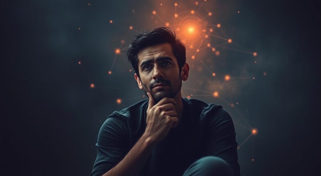 A thoughtful individual sits in a dimly lit room, surrounded by a swirling vortex of abstract shapes and symbols. The figure's expression is one of contemplation, their face partially obscured by the cognitive cacophony that swirls around them. In the background, a pulsing grid of interconnected nodes and lines suggests the complex neural networks that underlie our decision-making processes. Shards of light pierce through the haze, casting a warm, introspective glow on the scene. The overall atmosphere evokes the tension between our rational minds and the cognitive limits that shape our heuristic judgments.