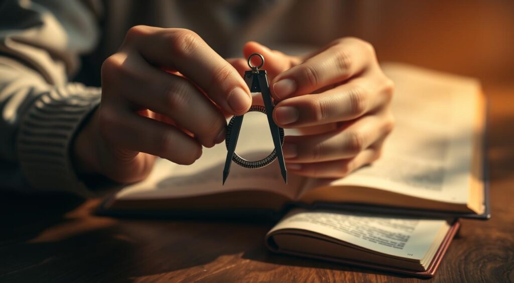 A tranquil scene of a person's hands carefully aligning a compass and a pen, symbolizing the bridge between their thoughts and actions. The image is bathed in warm, soft lighting, creating a contemplative atmosphere. The background subtly depicts an open book, hinting at the pursuit of knowledge and understanding. The camera angle is slightly elevated, giving a sense of perspective and introspection. The overall composition conveys a sense of focus, balance, and the harmonious integration of internal and external realms.
