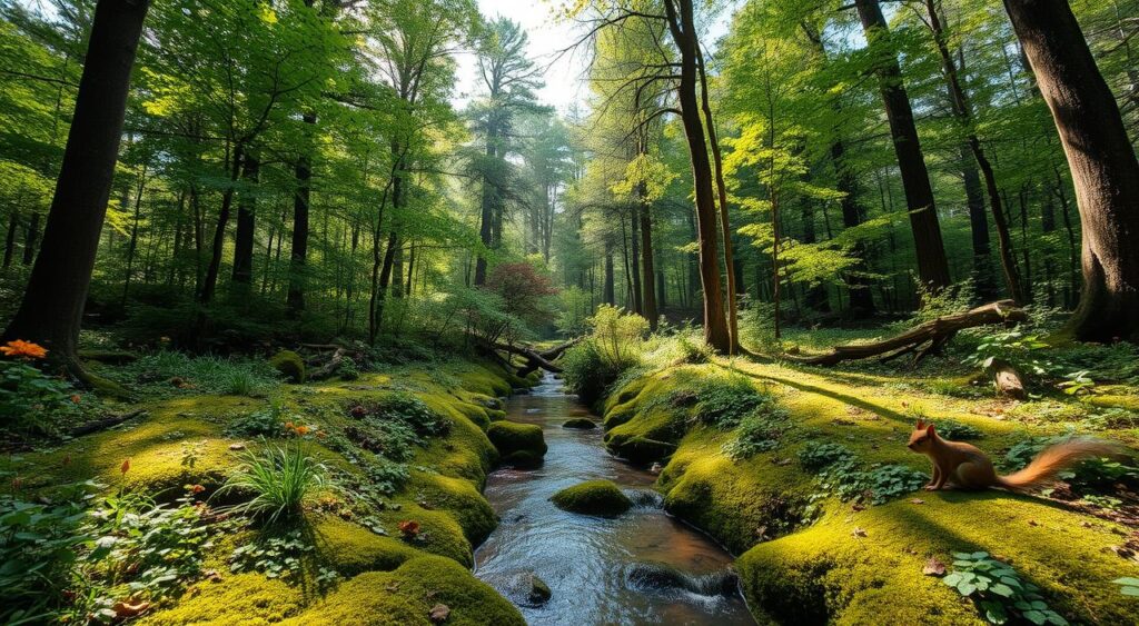 A tranquil, verdant forest glade with dappled sunlight filtering through the canopy of lush, towering trees. In the foreground, a meandering stream cuts through the mossy ground, its gently rippling waters reflecting the surrounding foliage. Diverse flora and fauna populate the scene, from vibrant wildflowers to a scurrying squirrel. The overall atmosphere conveys a sense of harmony and balance, a visualization of the interconnected, environmentally-influenced "bounded rationality" that guides decision-making. Captured with a wide-angle lens to emphasize the immersive, natural setting.