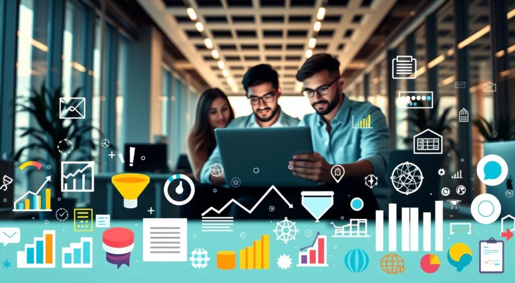 A vibrant array of conversion optimization techniques is showcased in this dynamic image. The foreground features a diverse collection of digital marketing icons, including A/B testing graphs, conversion funnels, and heat maps, all meticulously rendered with a clean, minimalist aesthetic. The middle ground showcases a team of data analysts and designers collaborating on a laptop, their faces illuminated by the glow of the screen. In the background, a sleek, modern office setting provides a fitting backdrop, with floor-to-ceiling windows allowing natural light to filter in, creating a sense of openness and productivity. The overall mood is one of efficiency, innovation, and a relentless pursuit of improved conversion rates.