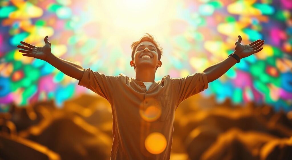 A vibrant, dynamic scene captures the interplay of optimism and risk-taking. In the foreground, a figure stands poised, arms outstretched, embracing the exhilaration of the unknown. Their expression radiates a sense of excited anticipation, a daring spirit ready to take the leap. The background is a kaleidoscope of vibrant colors, hinting at the boundless possibilities that await. Warm, diffused lighting casts a hopeful glow, illuminating the scene with a sense of potential and growth. Subtle lens flares add a touch of cinematic flair, underscoring the transformative nature of this moment. The overall composition conveys a harmonious balance between caution and courage, a testament to the power of positive illusions.
