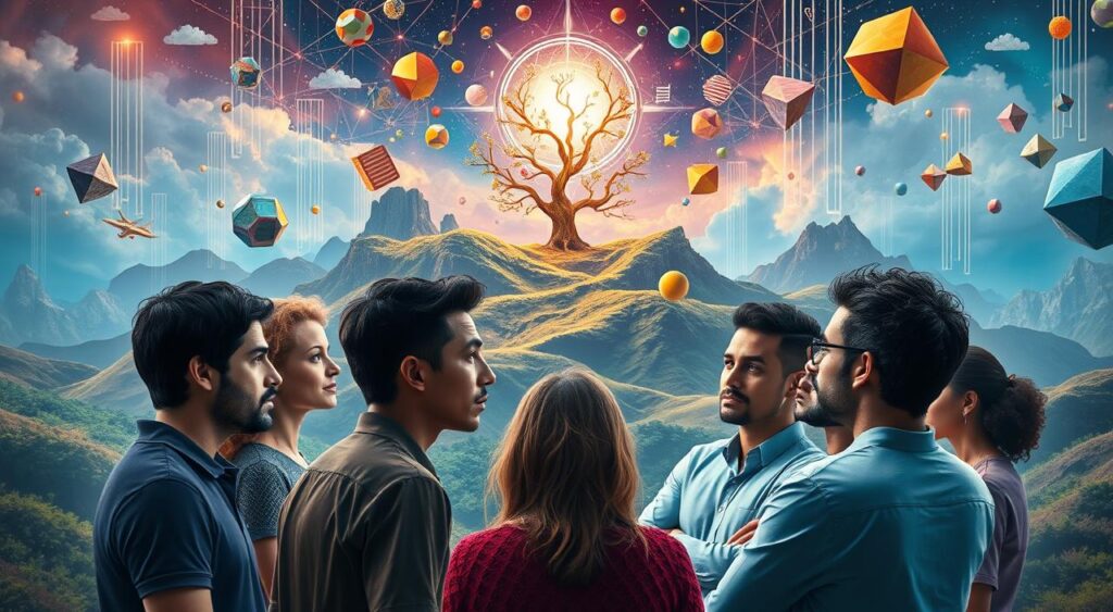 A vibrant, thought-provoking scene depicting the psychological perspective on positive illusions. In the foreground, a group of diverse individuals engaged in deep, introspective discussion, their expressions conveying a range of emotions from contemplation to enlightenment. The middle ground features an array of symbolic visual elements, such as a branching decision tree, a maze-like landscape, and a mirror reflecting the self. In the background, a surreal, dreamlike setting with floating geometric shapes, cascading light, and a sense of interconnectedness. The overall atmosphere evokes a sense of personal growth, self-awareness, and the complex interplay between perception and reality.