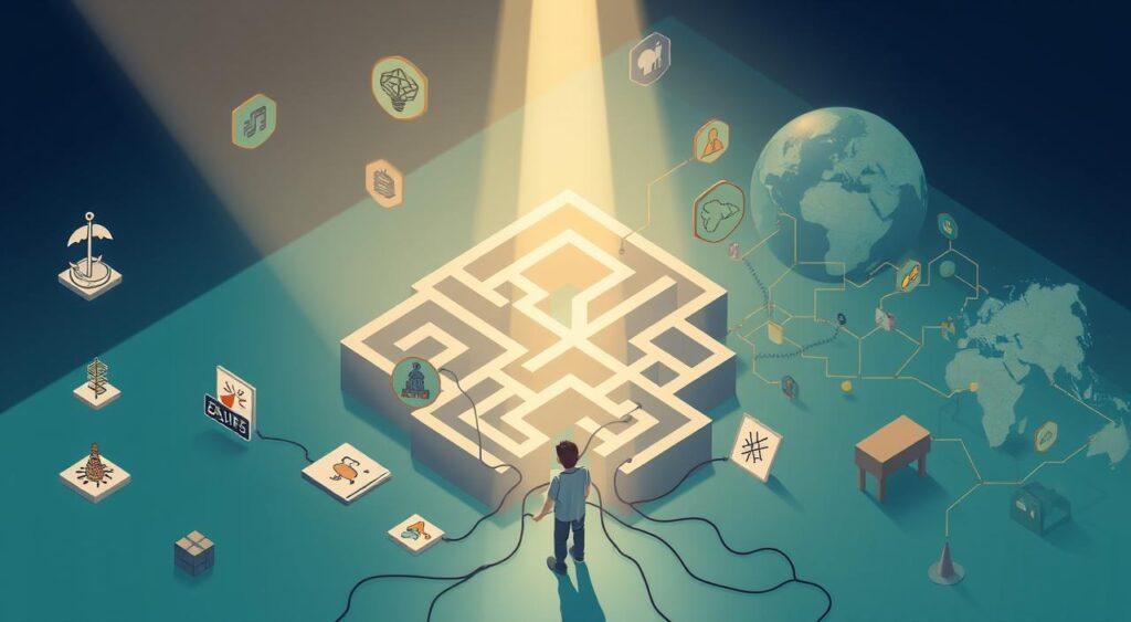 A well-lit, isometric illustration depicting various cognitive biases and mental traps. In the foreground, a person is caught in a web of cognitive distortions, with icons representing biases like anchoring, confirmation bias, and the sunk cost fallacy. The middle ground features a maze-like structure, symbolizing the complexities of decision-making, while the background showcases a world of opportunities obscured by these mental pitfalls. The scene has a thought-provoking, introspective atmosphere, inviting the viewer to explore the nuances of human cognition.