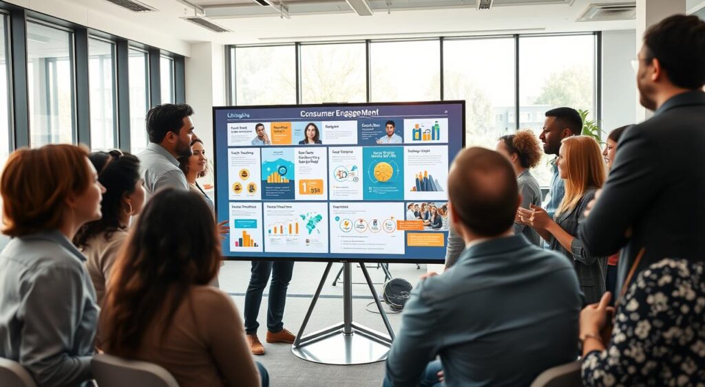 A well-lit, modern office space with a vibrant and engaging atmosphere. In the foreground, a group of diverse professionals engrossed in a lively discussion, their body language and facial expressions conveying a sense of active collaboration and exchange of ideas. In the middle ground, a large interactive display showcases various consumer engagement strategies, with visuals and infographics that captivate the attention of the team. The background features floor-to-ceiling windows, allowing natural light to flood the space and create a sense of openness and transparency. The overall mood is one of productivity, innovation, and a commitment to understanding the "Messy Middle Mental Model" for effective consumer engagement.